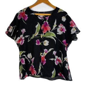 Notations Floral Polka Dot Reversible Flutter Sleeve Blouse Cottage Core Size XL